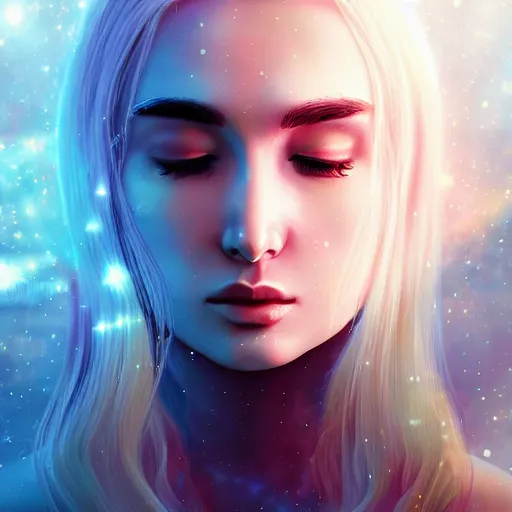 Prompt: an epic cinematic ethereal portrait made of stardust of kim petras with her eyes closed as part of the fabric of the universe and existence, galaxies, stars, nebulas, artstation trending, cgsociety, instagram
