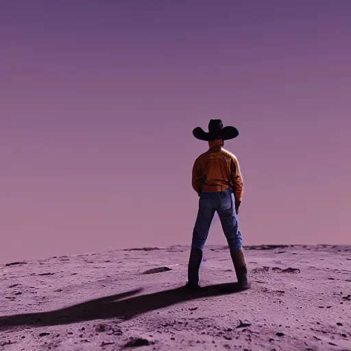 Prompt: cowboy standing on the moon looking up at earth and the stars, photorealistic, octane render, blender render, unreal engine, 3 5 mm