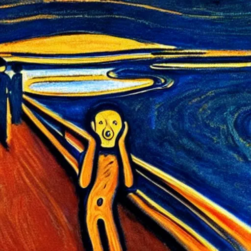 Image similar to doctor manhattan sitting on mars in the style of edvard munch's the scream, oil painting, doctor manhattan, the scream