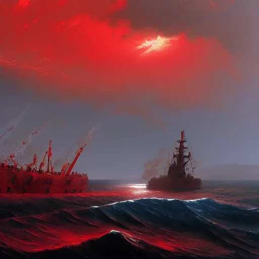 Image similar to bloody ocean, rusted iron ship sinking in red blood ocean, by Ivan Aivazovsky, junji ito, hd 8k