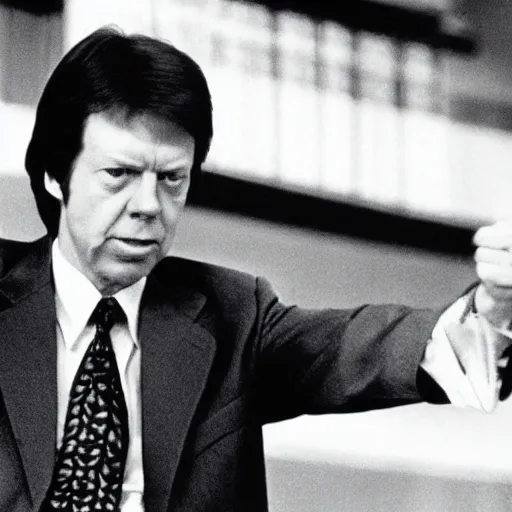 Prompt: Jimmy Carter as Greg Stillson, The Dead Zone (1983)