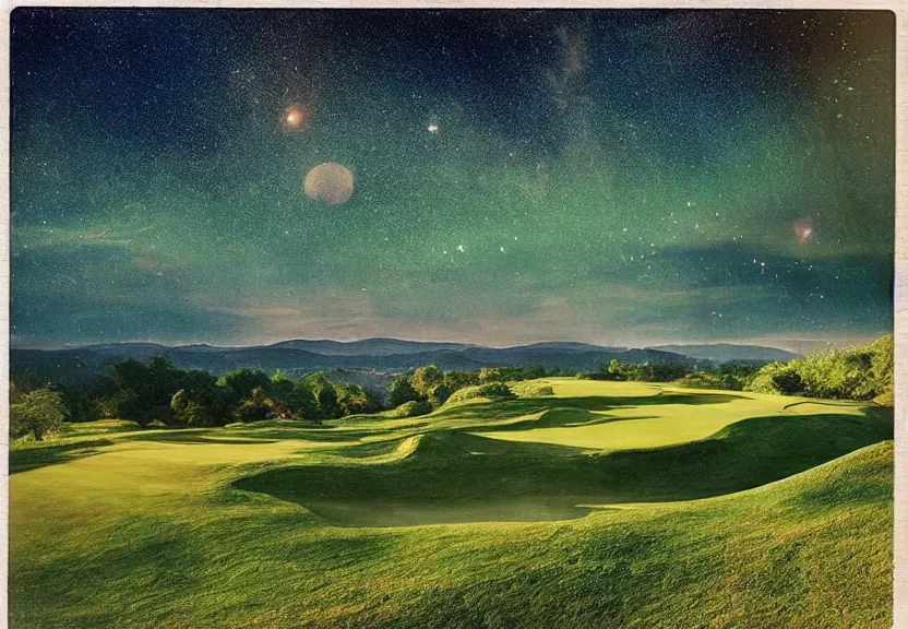 Image similar to birds eye view of a perfect elysian dreamlike green hilly pastoral psychedelic golf course landscape with stone walls under cosmic stars, memory trapped in eternal time, golden hour, dark sky, evening starlight, stone walls, haunted vintage psychedelic polaroid by hiroshi yoshida