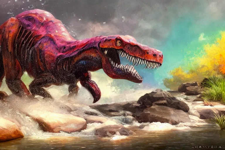 Image similar to highly detailed oil painting of a tyrannosaurus sitting in a steaming colorful hotspring stream, featured on artstation