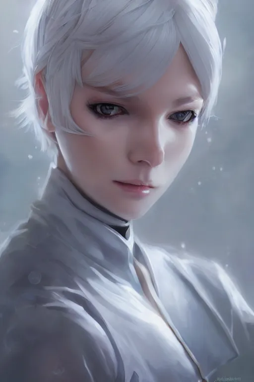 Image similar to a portrait of a scientist android girl with silver hair wearing white suit by artgerm and wlop and krenz cushart, painterly