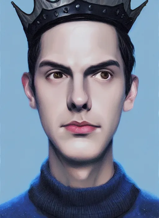 Image similar to portrait of teenage jughead jones wearing a light grey crown, crown, blue turtleneck, 1 9 5 0 s, closed eyes, photorealistic, black hair, glowing lighting, intricate, elegant, glowing lights, highly detailed, digital painting, artstation, concept art, smooth, sharp focus, illustration, art by wlop, mars ravelo and greg rutkowski