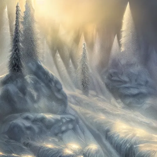 Image similar to The heaven-touching apex of the mountain drenched in brilliant light, spikes of thin light impaled the snow in a bristling, moving line, realm of whispers and mysteries, intricate, elegant, fantasy, highly detailed, digital painting, concept art, sharp focus, illustration, beautiful volumetric lighting, epic light, artstation, magic hour lighting, colorful, sunshine, by Sylvain Sarrailh, ine style of ori game