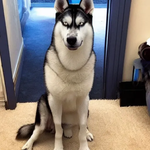 Image similar to an extremely muscular husky dog posing in front of a mirror