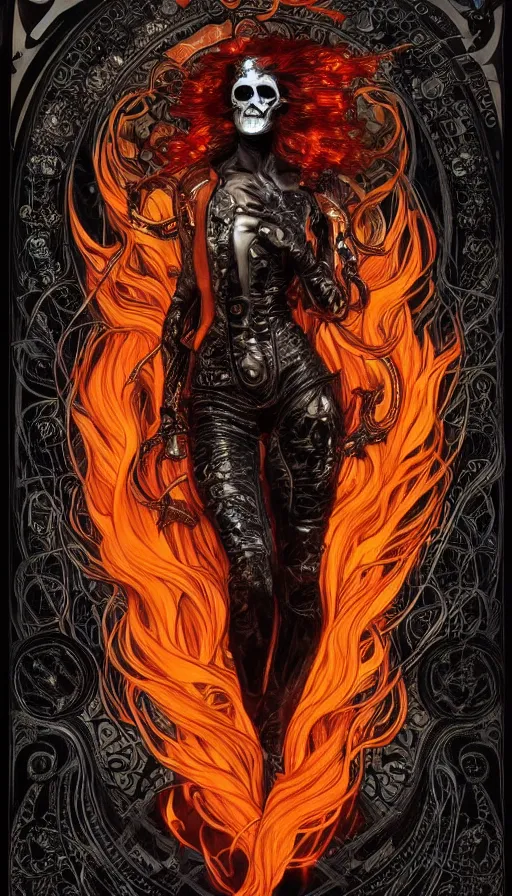 Image similar to a finely detailed beautiful!!! feminine cyberpunk ghost rider with skull face and long flowing hair made of fire and flames, dressed in black leather, by Alphonse Mucha, designed by H.R. Giger, legendary masterpiece, stunning!, saturated colors, black background, full body portrait, zoomed out to show entire image, trending on ArtStation