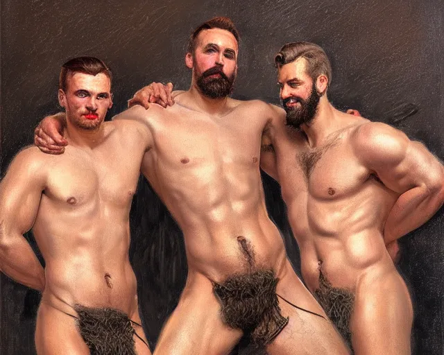 Prompt: a homoerotic symmetrical painting by tom of finland, clyde aspevig, greg rutkowski, gaston bussiere, j. c. leyendecker of attractive hairy blacksmith and handsome preacher, they are in love standing back to back, soot and linen, shirtless, military pants, natural lighting, highly detailed, high quality, trending on artstation