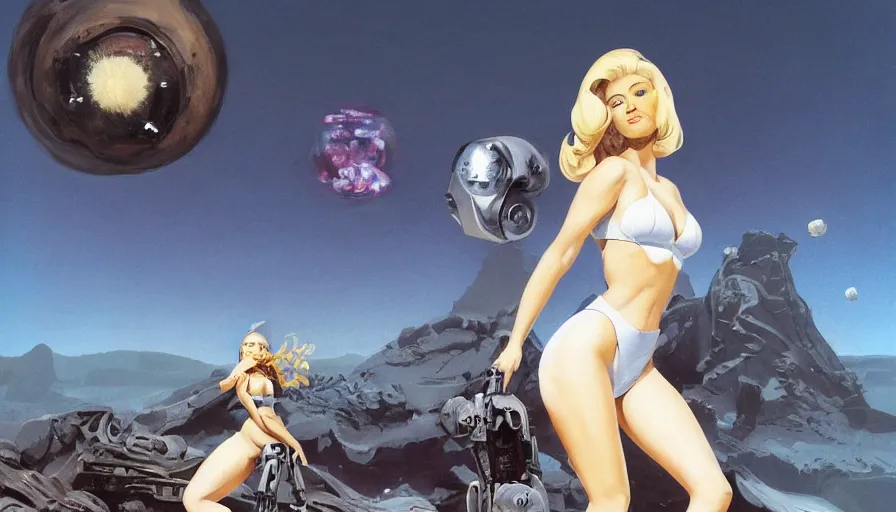 Image similar to A mixed media portrait painting of a beautiful blonde brunette woman exploring an alien planet, very curvy, aesthetic! high-waisted white-bikini-armor and boots, holding raygun, aesthetic symmetrical face and eyes, model, Scandinavian, wet, discarded mechsuit in background, by Frank Frazetta, Boris Vallejo, Beeple, Greg Rutkowski, Christian MacNevin, eighties-pinup style, epic fantasy character art, high fantasy, CGsociety, exquisite detail, post-processing, masterpiece, cinematic