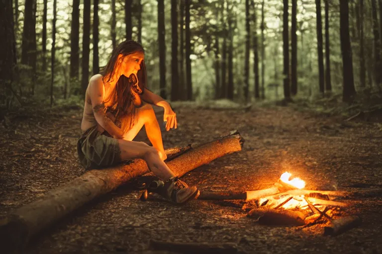 Prompt: girl with in a tan trenchoat a motorcycle, sitting on a log drinking tea alone by the campfire, night in a dark forest, cinematic lighting, low angle photography, wide shot, hyperrealistic, 8k