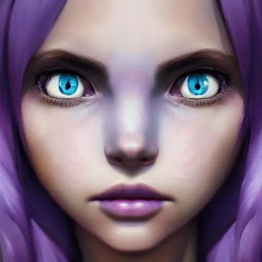 Image similar to Abigail from stardew valley, purple hair, blue eyes, large eyes, portrait, cgsociety, realistic, highly detailed, sublime, 16k, smooth, sharp focus, trending on ArtStation, hyperdetailed, volumetric lighting