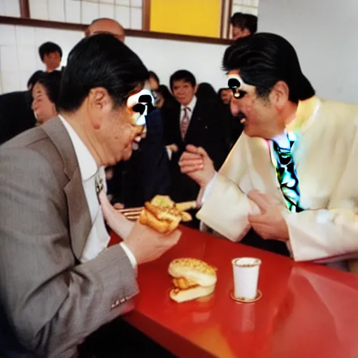 Image similar to the pope eating mc donalds with prime minister shinzo abe, photo by slim aarons, award winning