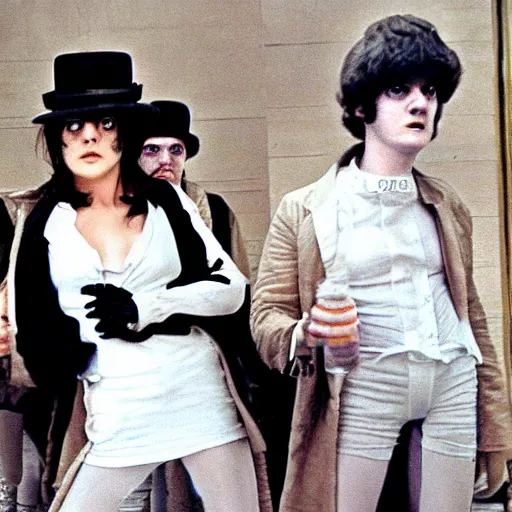 Image similar to A Clockwork Orange, women droogs, 1971 photography, female hooligans, shaggy haired punks, dystopian England