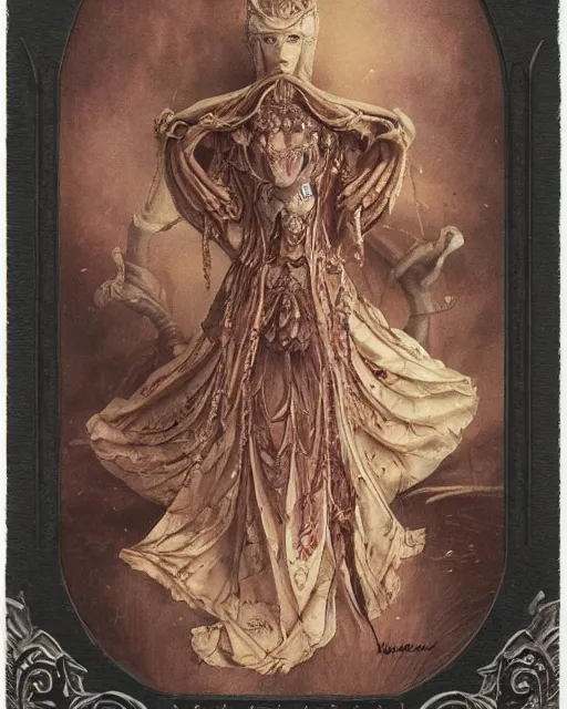 Prompt: a beautiful detailed front view of a dead rotten princess growing ornate baroque, ornamentation, elegant, beautifully soft lit, by wayne barlowe, peter mohrbacher, kelly mckernan, 1 9 1 0 polaroid photography