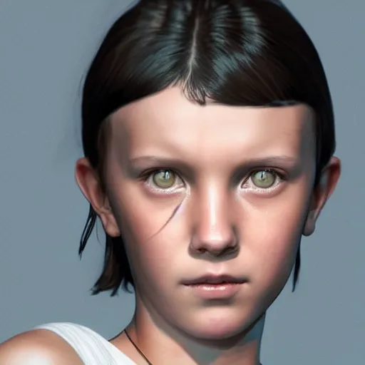 Image similar to Portrait of Millie Bobby Brown crying by Yoji Shinkawa, octane render