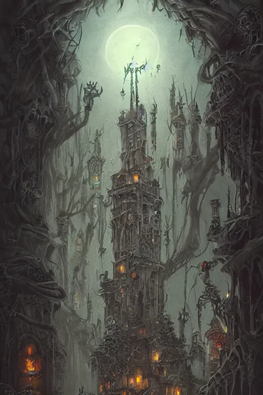 Image similar to Detailed Exterior Shot of skeleton head Tower of Alexandria, light of sorrow, moonlight shafts, swarm of bats, dim atmosphere, in Style of Peter Mohrbacher, cinematic lighting