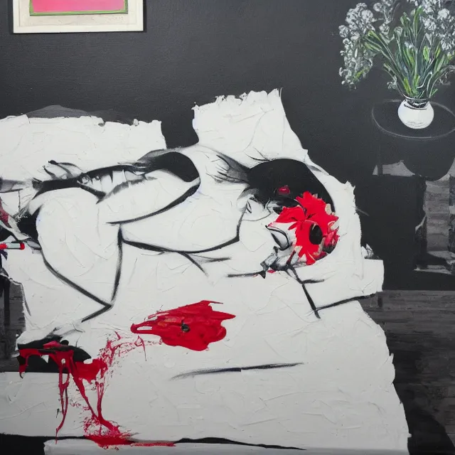 Image similar to empty room with black walls, sensual portrait of a woman sleeping, japanese vase, white flowers, puddle of water, octopus, squashed berries, neo - expressionism, surrealism, acrylic and spray paint and oilstick on canvas