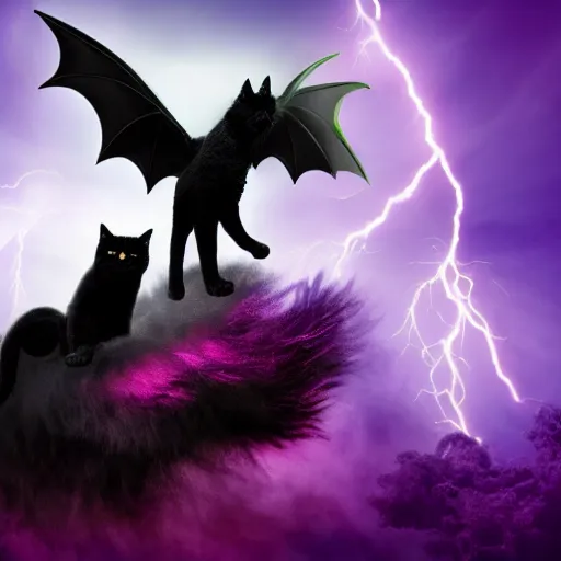 Prompt: a photo of black fluffy cat, riding on top of a big purple dragon in an electrical storm, ultrarealistic, highly detailed, 4 k