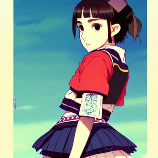 Image similar to a beautiful! boyish! natalie portman alluring gravure! model, wearing japanese school girl outfit with mayan pattern and native style, aztec street fashion, gapmoe yandere grimdark, trending on pixiv fanbox, painted by greg rutkowski makoto shinkai takashi takeuchi studio ghibli, akihiko yoshida