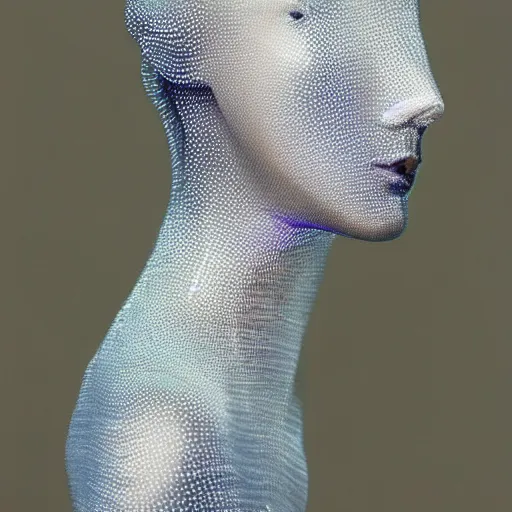 Prompt: Vass Roland cover art future bass girl un wrapped statue bust curls of hair petite lush side view body photography model full body!!! curly!!!!! jellyfish lips art contrast vibrant futuristic fabric skin jellyfish material metal veins!!!!! style of Jonathan Zawada, Thisset colours simple!!!!!! background objective
