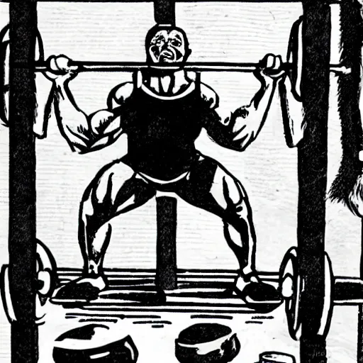 Image similar to santa lifting weights, squats, gothic triptych