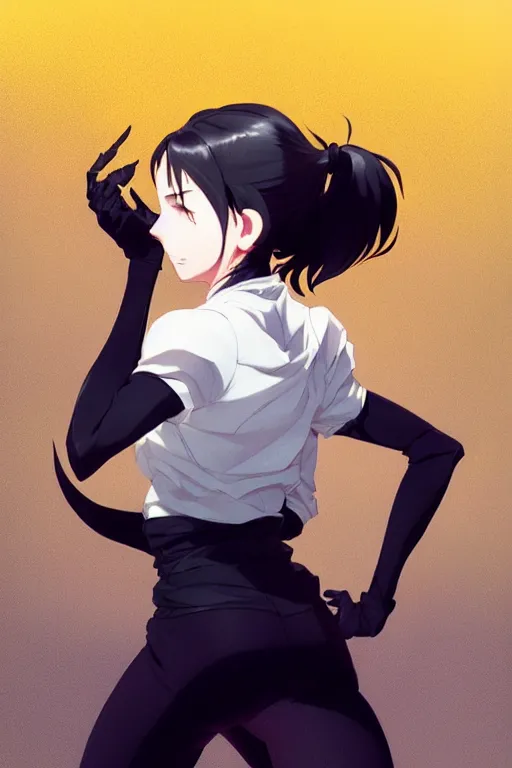 Image similar to black ponytail hair, pale woman in a black zipper jacket, yellow eyes, by artgerm, hair tied in a ponytail, white backdrop, soft lighting, fighting pose, dynamic angle, by greg rutkowski makoto shinkai takashi takeuchi