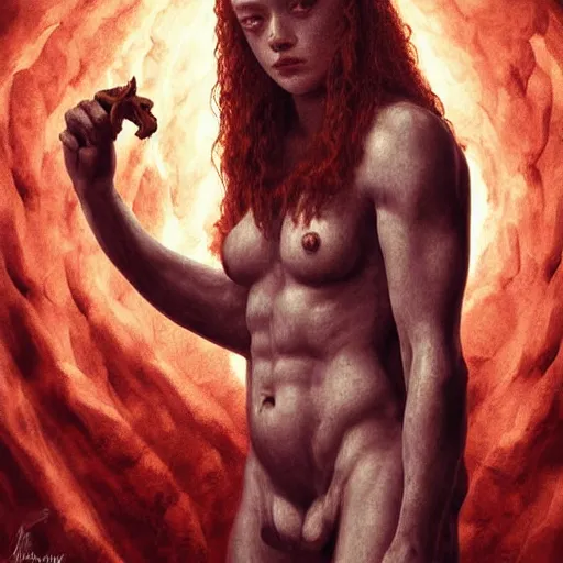 Prompt: sadie sink as an ripped muscular devil standing in the front of gates of hell. angel is draped with bones. digital painting. art station. mood lighting. skindness, symetrical, highly detailed, concept art, intricate, sharp focus, einar jonsson and bouguereau - h 1 2 0 0