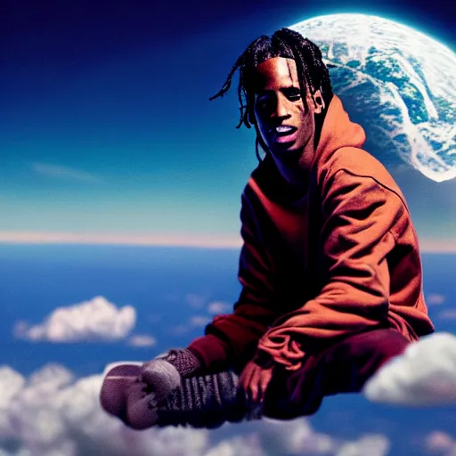 Prompt: Travis Scott sitting on a cloud over Earth, 4k, Aubrey Powell, vintage photo, beautiful cinematography, surreal, film grain