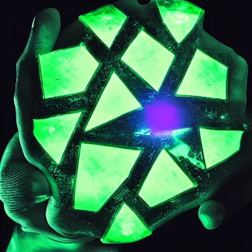 Prompt: a glowing shard of kryptonite held in an open black - gloved hand, black background, highly detailed