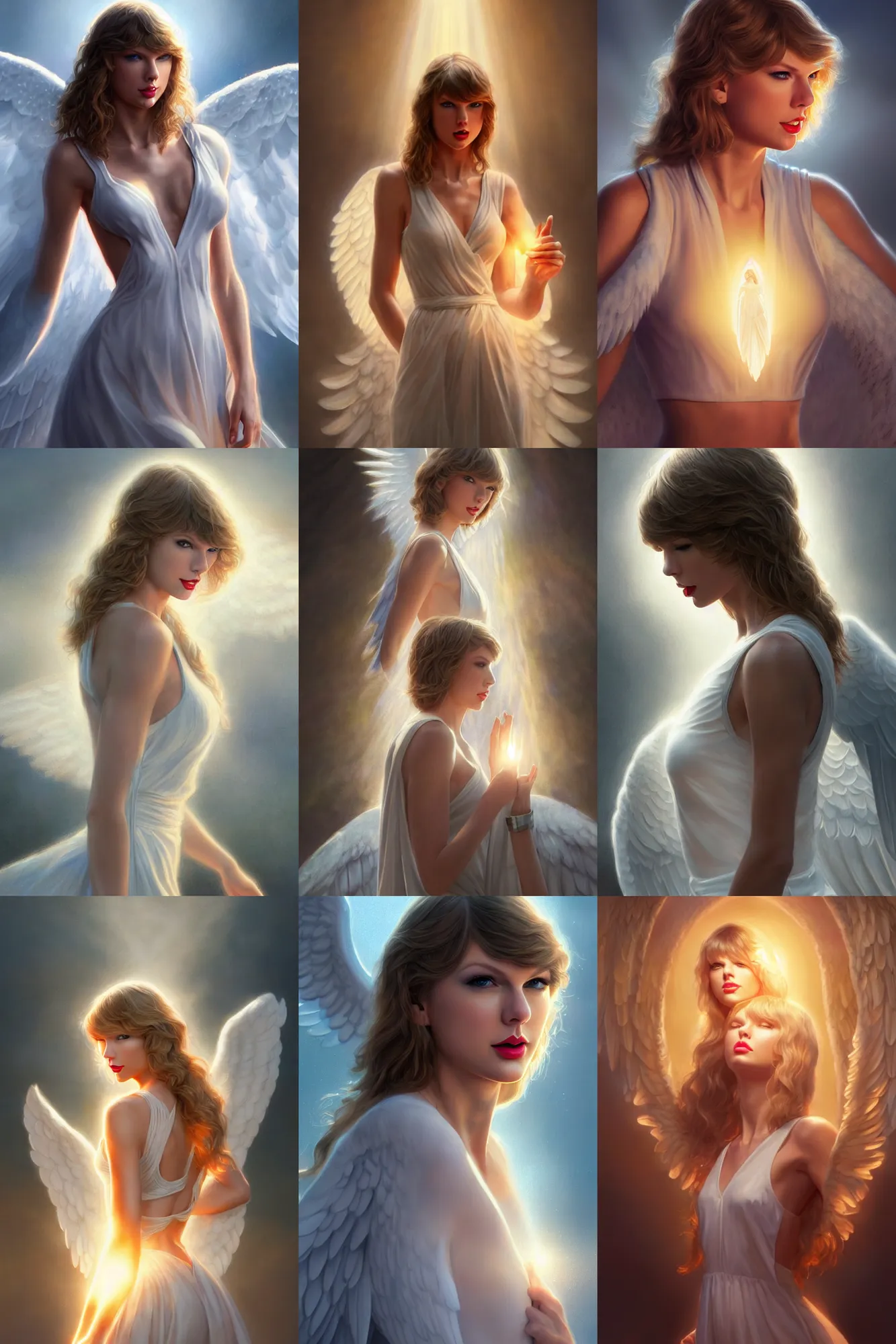 Prompt: taylor swift as a heavenly angel, bathing in light, highly detailed, photorealistic, artstation, smooth, sharp focus, anatomy, illustration, unreal engine 5, 8 k, art by art by artgerm and greg rutkowski and edgar maxence