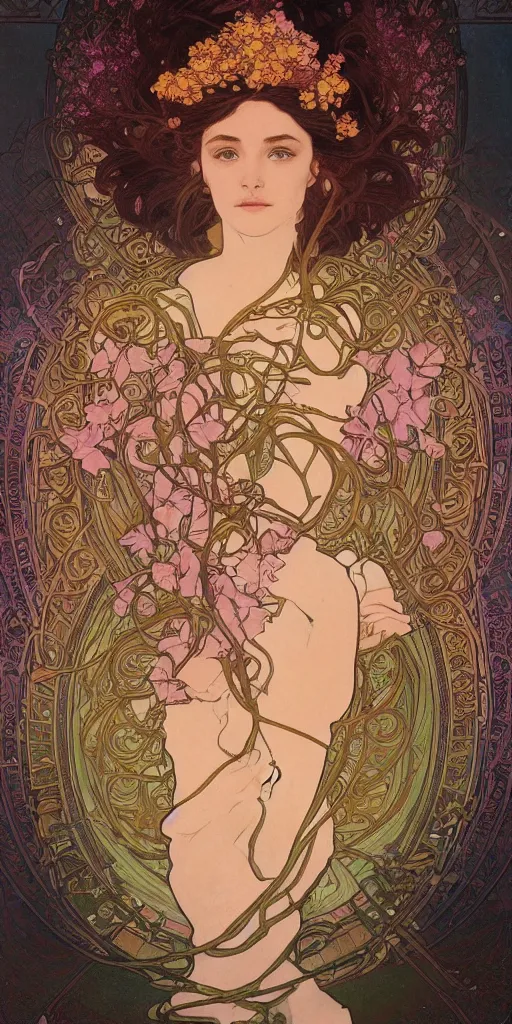 Image similar to a portrait of a beautiful female godess of spring, by Mohrbacher and Moebius and Alphonse Mucha and Roger Deakins, cinematic lighting, masterpiece, highly detailed, 8k resolution, trending on art station