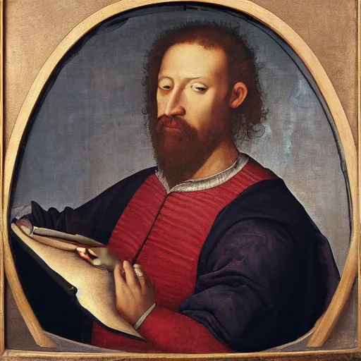 Prompt: Renaissance oil portrait of a man playing warzone on a computer, a soccer ball falling on his head, high-quality realistic oil painting with detailed strokes, robed Renaissance scholar,
