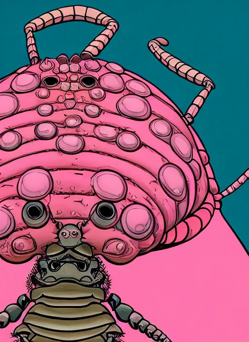 Image similar to caricature picture of a human beetle, pink insects, professionally color graded, interesting angle, sharp focus, 8 k high definition, insanely detailed, intricate, funny, art by jacob shaw and studio ghibli