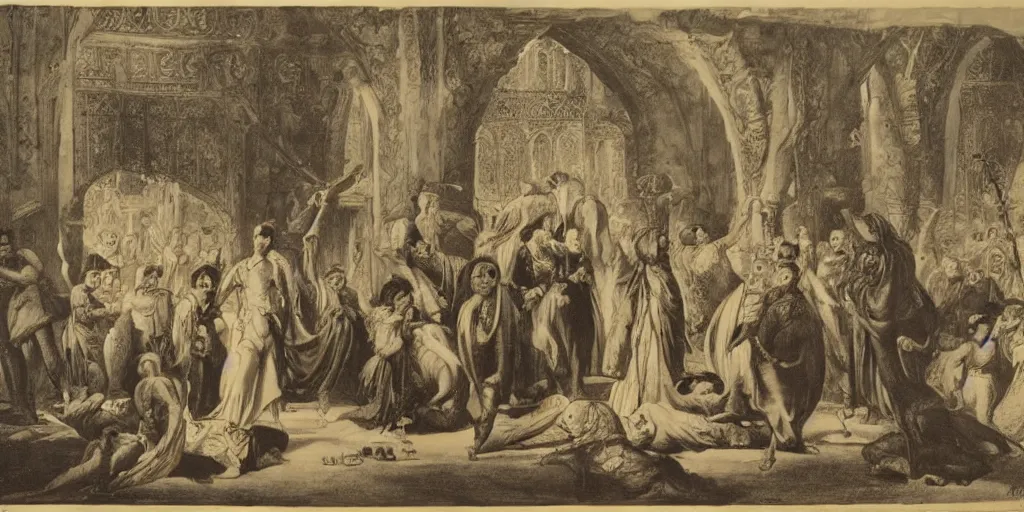 Image similar to sultan and his harem, lithograph