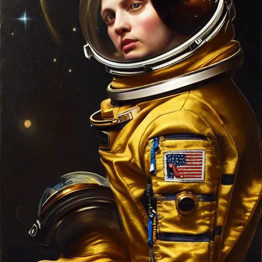 Prompt: highly detailed oil painting | very intricate | cinematic lighting | award - winning | astronaut space fashion by alexander mcqueen | by roberto ferri, by tom bagshaw, by j. c. j leyendecker and klimt, american romanticism, by austin osman spare, artstation, cgsociety, official art, octane