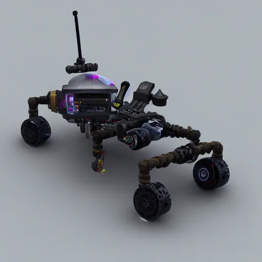 Prompt: small cyberpunk robot rover, 3 d render, post - processing, award winning, detaailed, 8 k