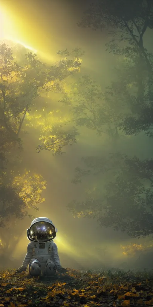 Prompt: A yellow baby rabbit in a spacesuit full of trees, cyberpunk temple, sunset with falling leaves, Tyndall rays, low angle, light through the mist, dramatic lighting, photorealistic, cinematic lighting, high detail, cinematic feel, high octane, 4K, Unreal Engine, digital render, intricate, ultra realistic, concept art
