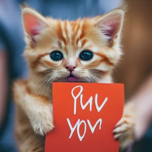 Image similar to cute fluffy orange tabby kitten with a sign that says