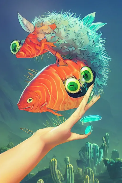 Image similar to 3 d render creature animal sushi cristal very big eye roots cactus elemental flush of force nature micro world fluo fishscale, comics gta 5 cover, official fanart behance hd artstation by jesper ejsing, by rhads, makoto shinkai and lois van baarle, ilya kuvshinov, ossdraws