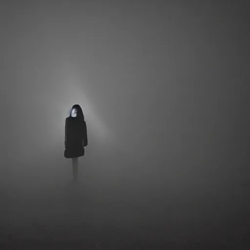 Image similar to dim lights shining through dark fog, emptiness, lonely female figure standing small, spooky found footage, dramatic contrast