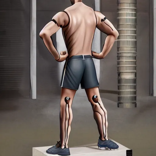 Image similar to a realistic detailed photo of a guy who is an attractive humanoid who is half robot and half humanoid, who is a male android, attractive and handsome soccer players, shiny skin, posing like a statue, blank stare, in a factory, on display, showing off his muscles, wearing soccer shorts, side view, looking at each other mindlessly