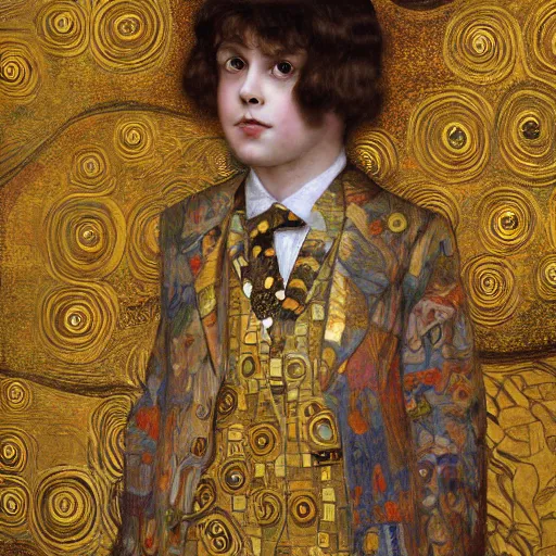 Prompt: victorian boy child in front of a gustav klimt wallpaper by android jones, detailed matte painting, 8k resolution