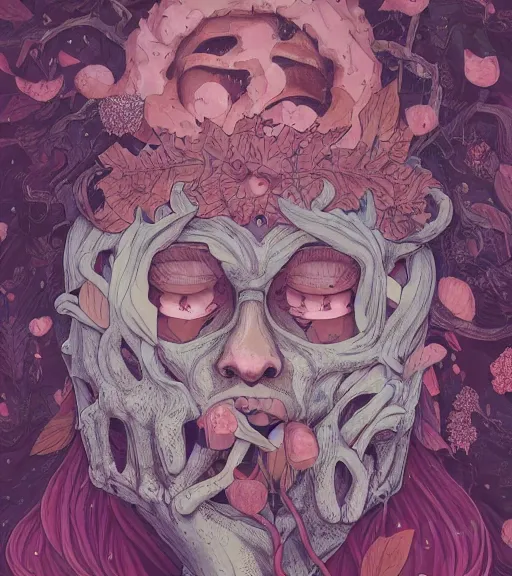 Prompt: portrait, nightmare anomalies, leaves with a crown by miyazaki, violet and pink and white palette, illustration, kenneth blom, mental alchemy, james jean, pablo amaringo, naudline pierre, contemporary art, hyper detailed