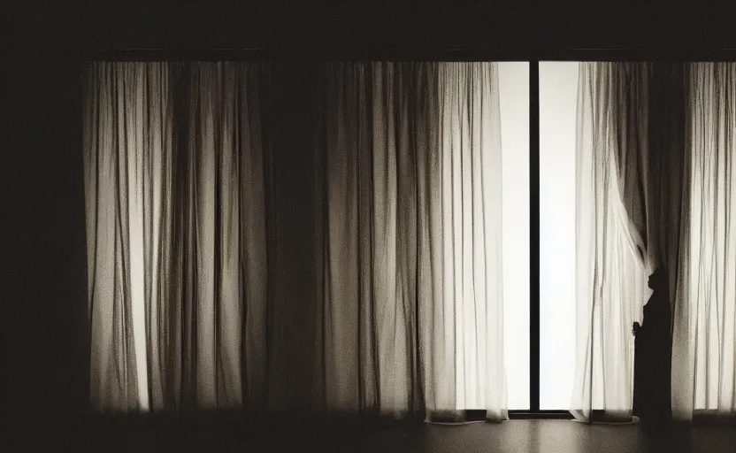 Prompt: A surveillance camera behind a pair of translucent curtains, with a two-headed female silhouette in the foreground, cinematic lighting, detailed, Fujifilm, dramatic