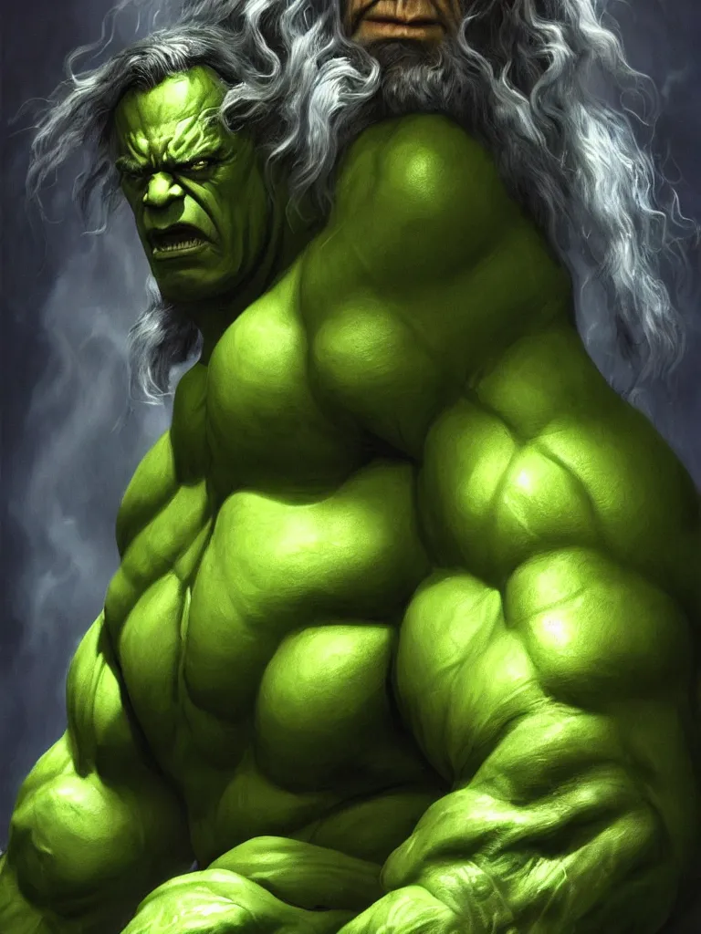 Image similar to the hulk starring as gandalf in lord of the rings, epic dark fantasy horror stylized oil painting by ivan shiskin. trending on artstation