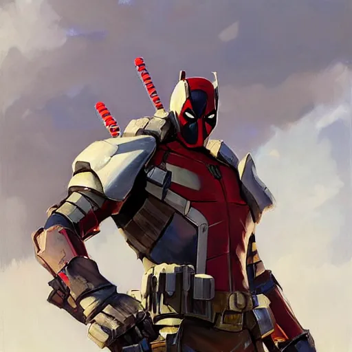 Image similar to greg manchess portrait painting of armored deadpool as overwatch character, medium shot, asymmetrical, profile picture, organic painting, sunny day, matte painting, bold shapes, hard edges, street art, trending on artstation, by huang guangjian and gil elvgren and sachin teng