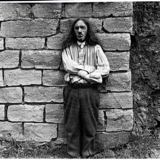 Prompt: Photograph of an utterly terrified young man with long hair on the verge of panic tears cornered against a stone wall. He is wearing a 1930s attire. He looks utterly panicked and distressed.