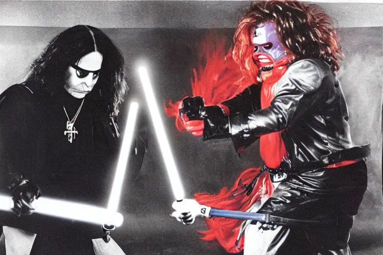 Prompt: ozzy osbourne fighting ronald mcdonald in a lightsaber duel