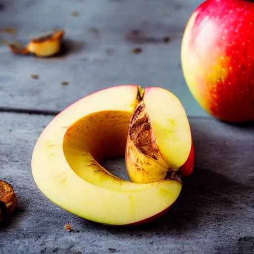 Prompt: close up image of a apple slice with banana in background #foodphoto